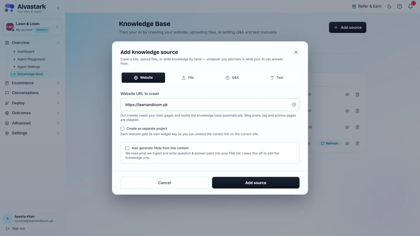 The Knowledge Base with the Add knowledge source dialog open and a store's website address entered.