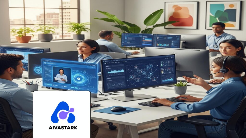 Diverse support agents collaborating with AI-Human Support Agents technology in a modern office.