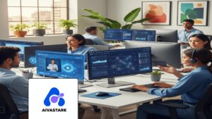 Diverse support agents collaborating with AI-Human Support Agents technology in a modern office.