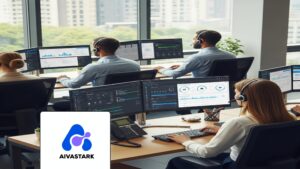 Modern customer service center showcasing Omnichannel AI Support Agents managing integrated communication.