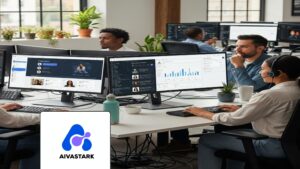 Customer service professionals using AI support agents software in a modern tech office.