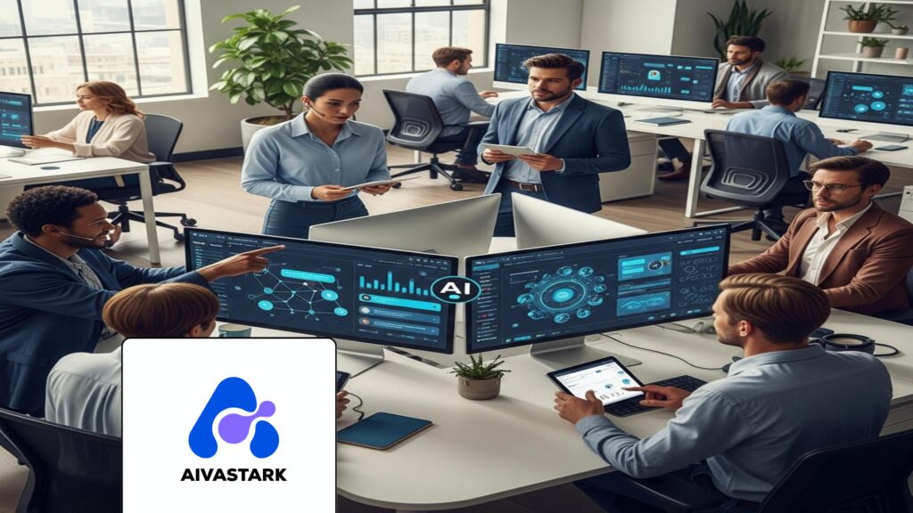 Diverse customer service team using AI Support Agents software in a modern call center.