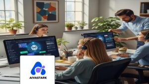 Customer service professionals collaborating with AI interfaces, demonstrating a hybrid AI support model.