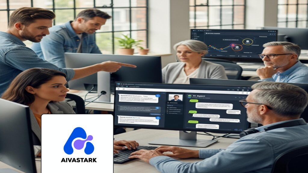 Diverse customer service team using AI support agents software in a modern tech office.