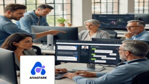 Diverse customer service team using AI support agents software in a modern tech office.