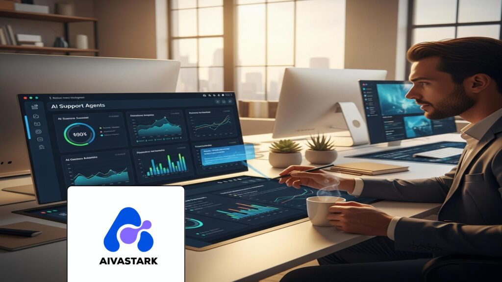 Professional office showing AI Support Agents' insights being leveraged by a human agent.