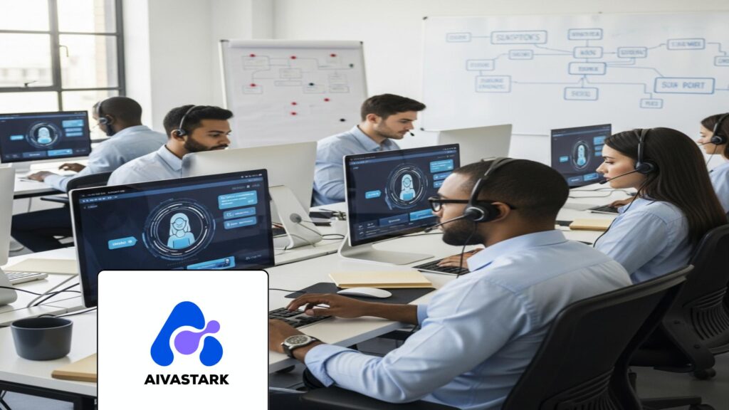 Customer service professionals using AI Support Agents technology in a modern office.