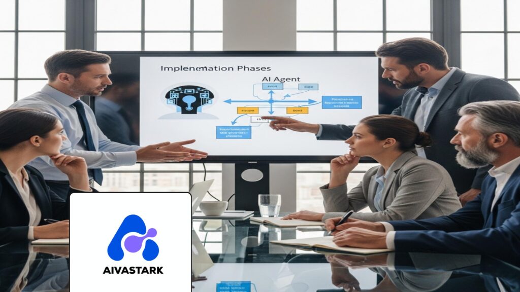 Business professionals collaborating on AI Agent Implementation strategy in a modern office environment.