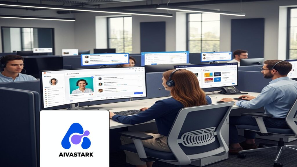 Modern customer experience center with professionals managing omnichannel AI support agents.