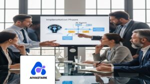 Business professionals collaborating on AI Agent Implementation strategy in a modern office environment.