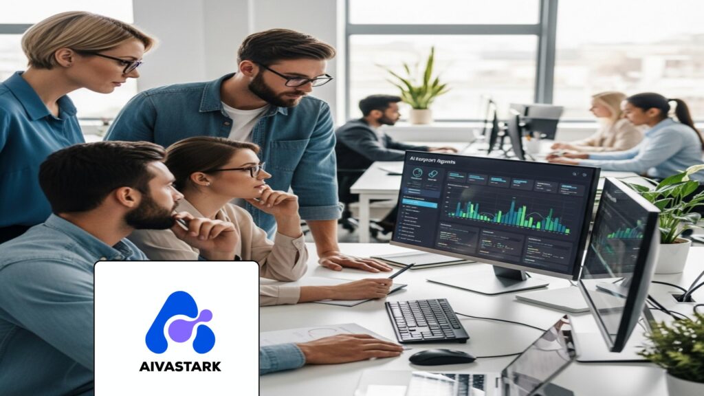 Modern tech office showing AI Support Agents' performance being reviewed by a team.