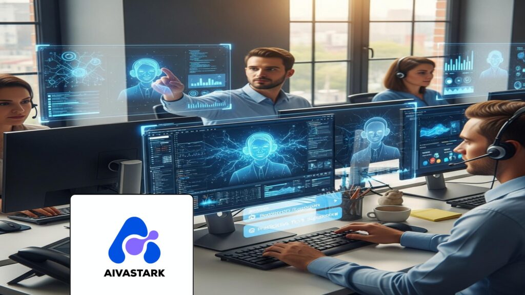 Modern customer service agents collaborating with AI Support Agents in a professional tech office.