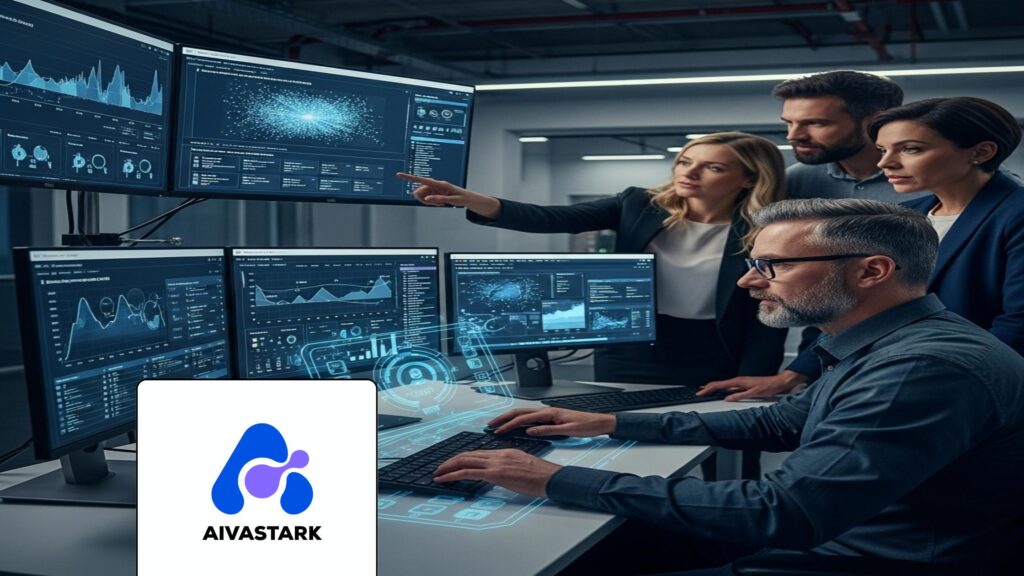Modern tech environment showing professionals deploying AI support agents on multiple screens.